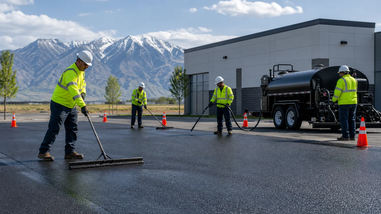 Sealcoating crew working in a controlled Genola, Utah pavement area