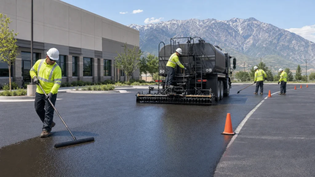 Sealcoating crew working in a controlled Goshen, Utah pavement area