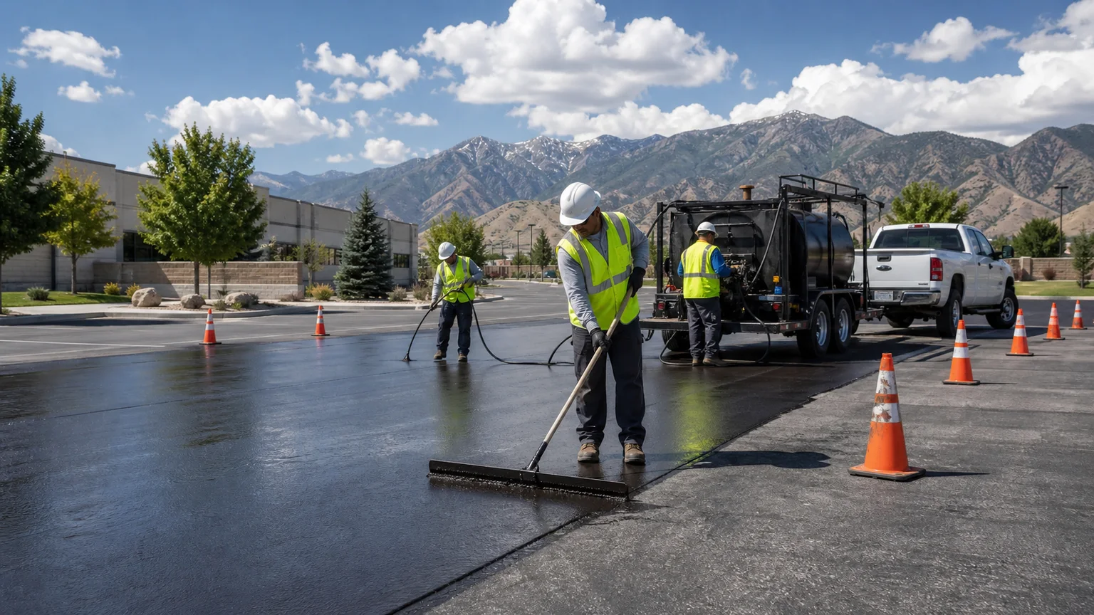 Sealcoating crew working in a controlled Herriman, Utah pavement area