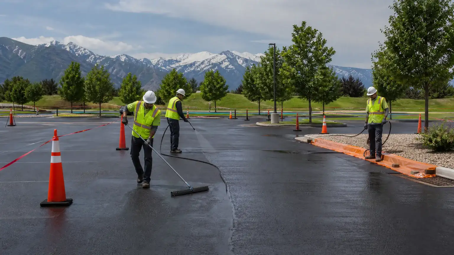 Sealcoating crew working in a controlled Highland, Utah pavement area