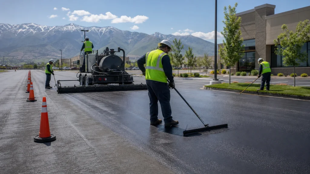 Sealcoating crew working in a controlled Kearns, Utah pavement area