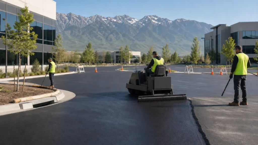 Crew applying uniform sealcoat in a controlled Lehi Utah office parking lot