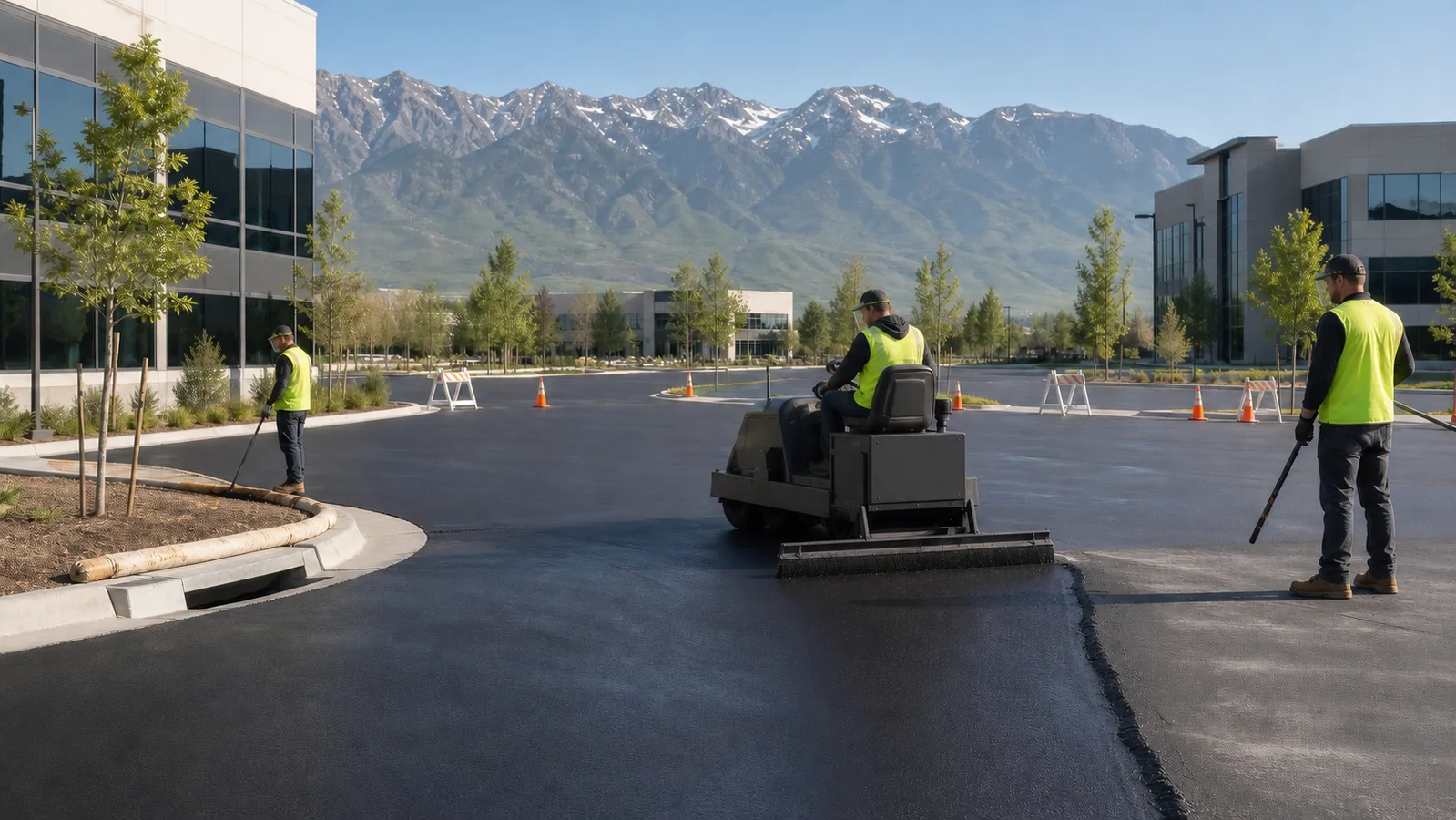 Crew applying uniform sealcoat in a controlled Lehi Utah office parking lot