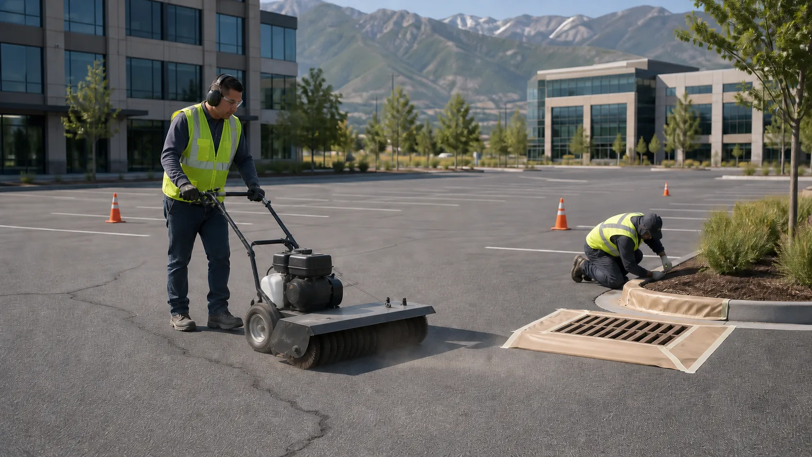 Crew cleaning pavement and protecting a storm inlet before sealcoating in Lehi Utah