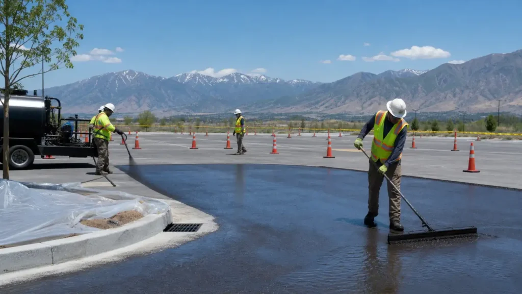 Sealcoating crew working in a controlled Lindon, Utah pavement area
