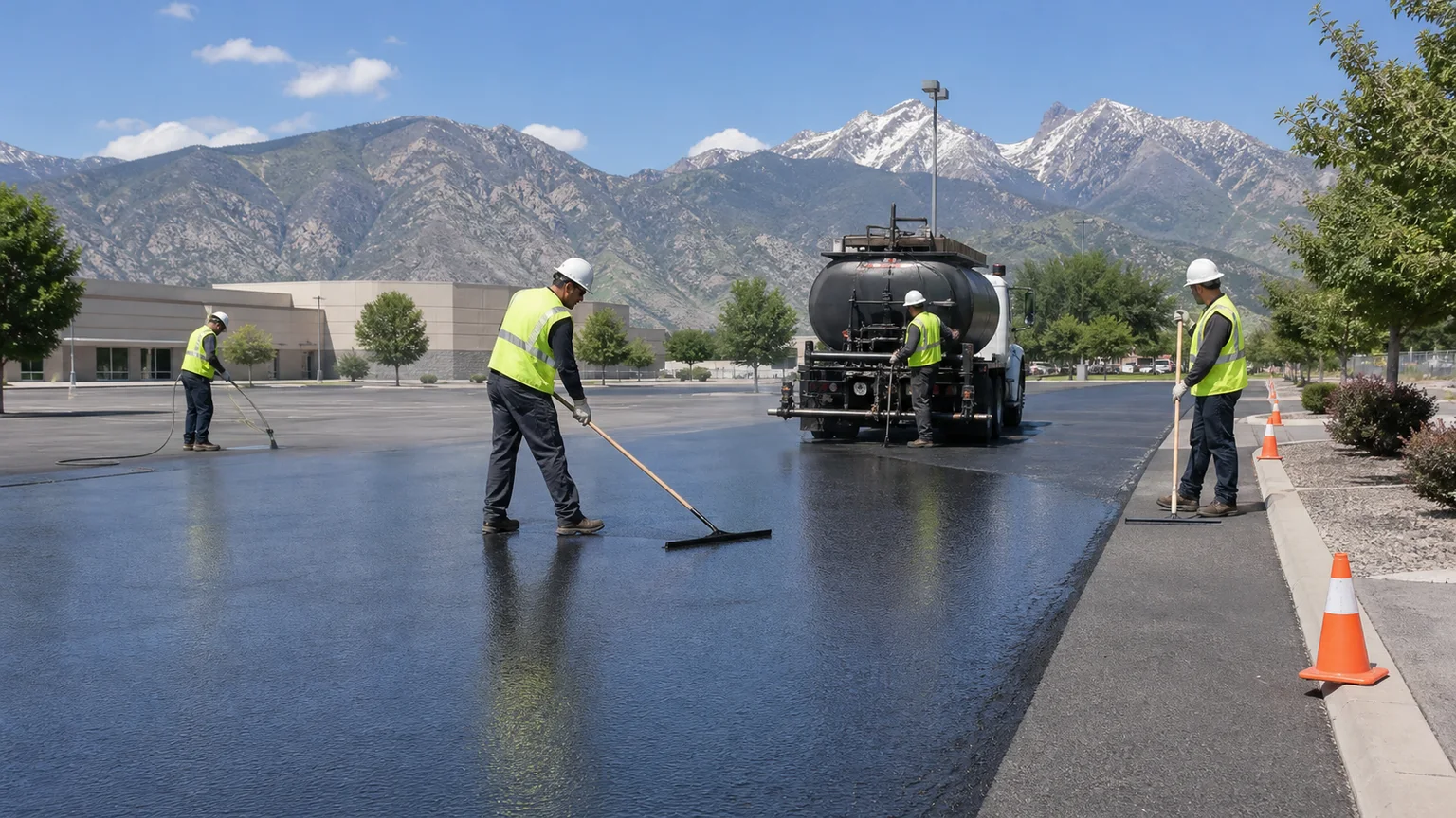 Sealcoating crew working in a controlled Magna, Utah pavement area
