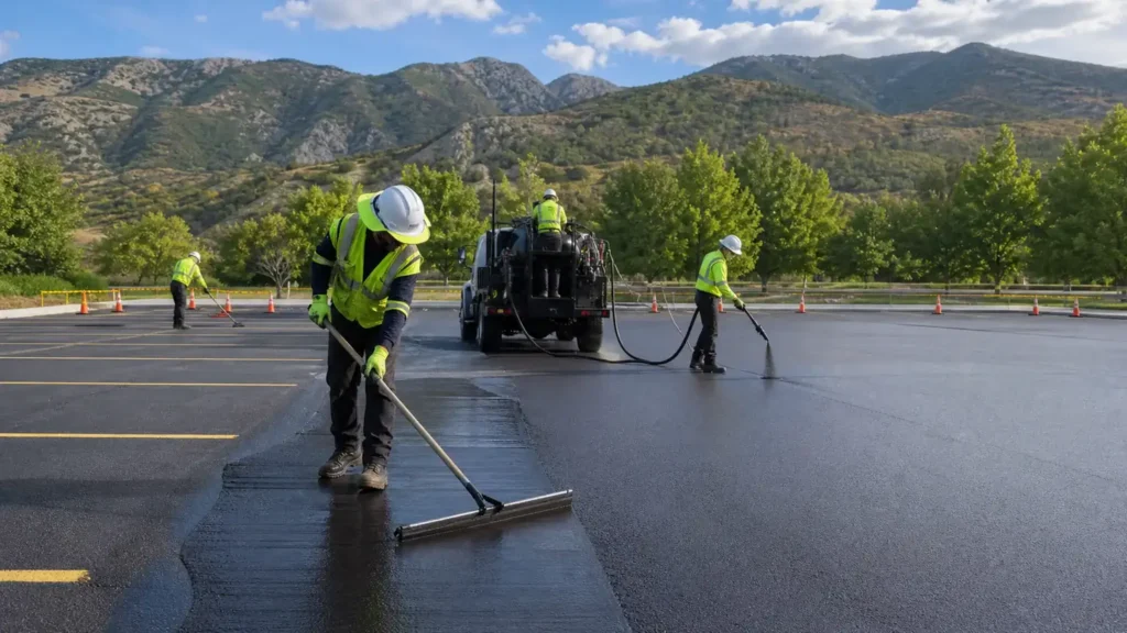 Sealcoating crew working in a controlled Mapleton, Utah pavement area