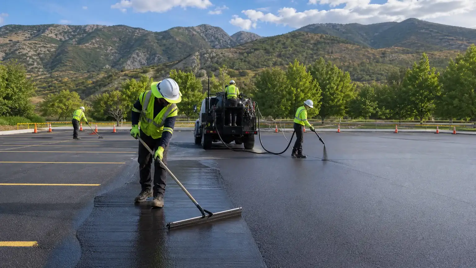 Sealcoating crew working in a controlled Mapleton, Utah pavement area