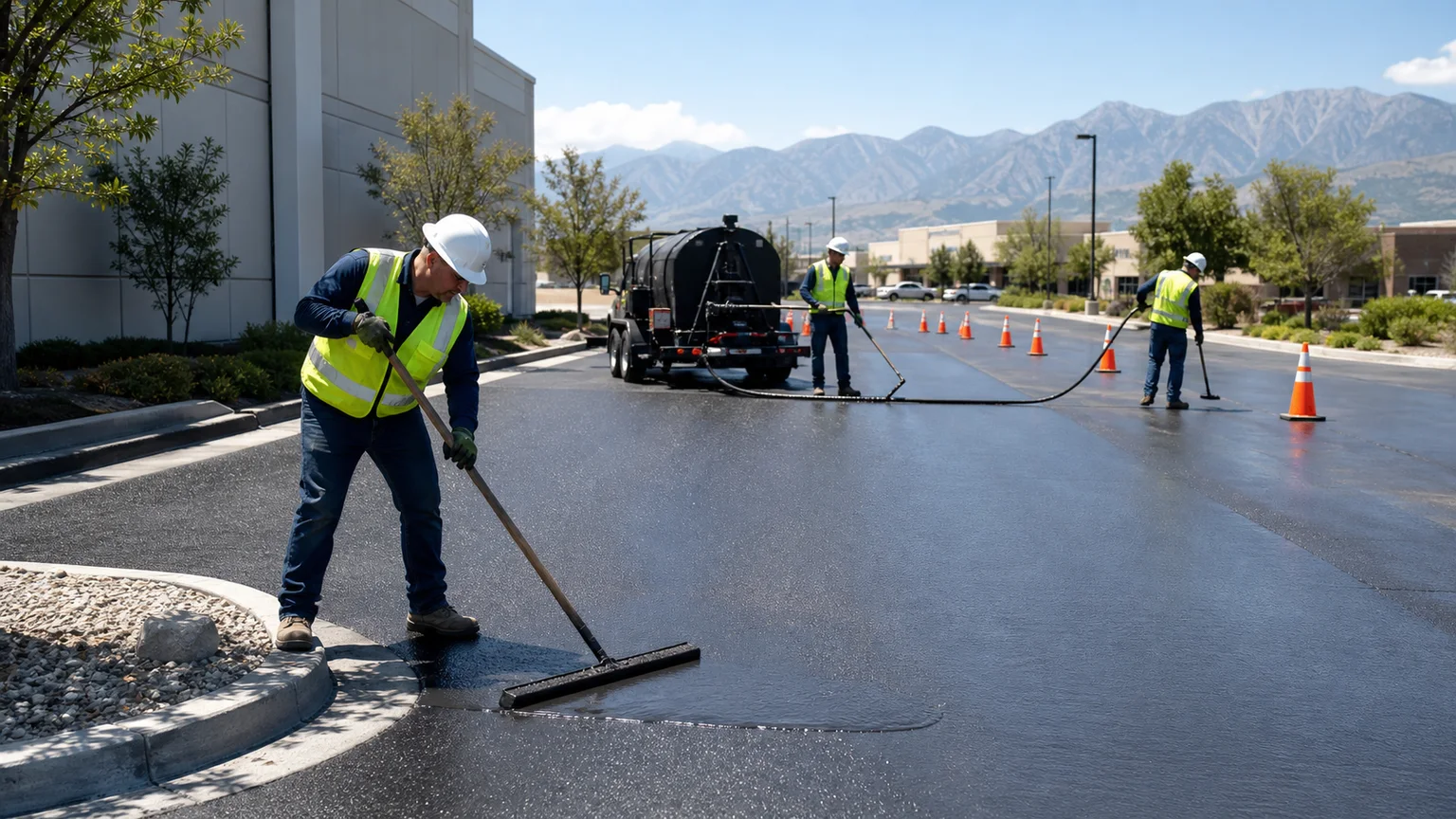 Sealcoating crew working in a controlled Midvale, Utah pavement area