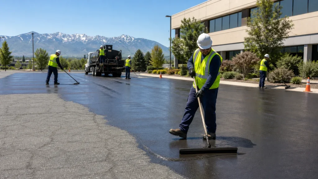 Sealcoating crew working in a controlled Millcreek, Utah pavement area