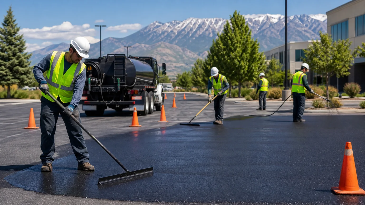 Sealcoating crew working in a controlled Murray, Utah pavement area
