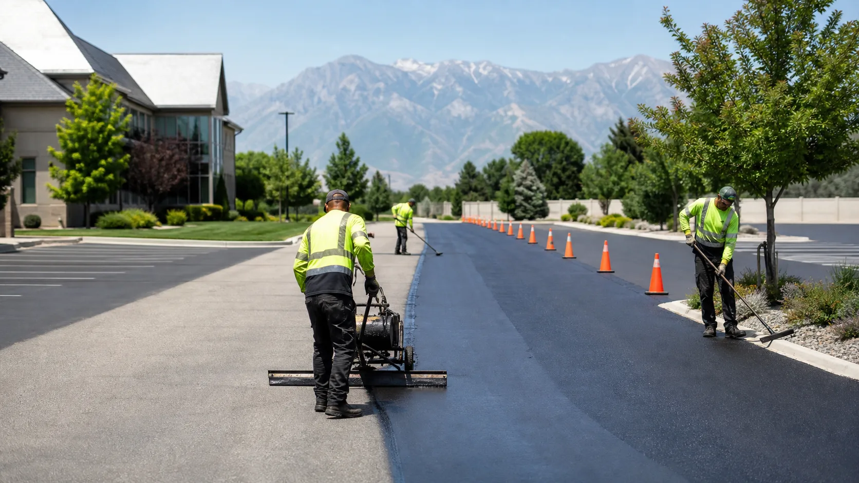 Crew applying uniform sealcoat in a controlled Orem Utah office parking lot