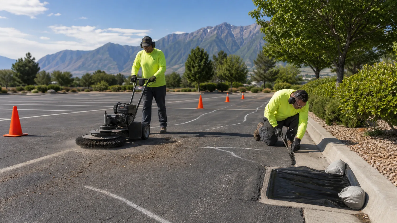 Crew cleaning pavement and protecting a storm inlet before sealcoating in Orem Utah