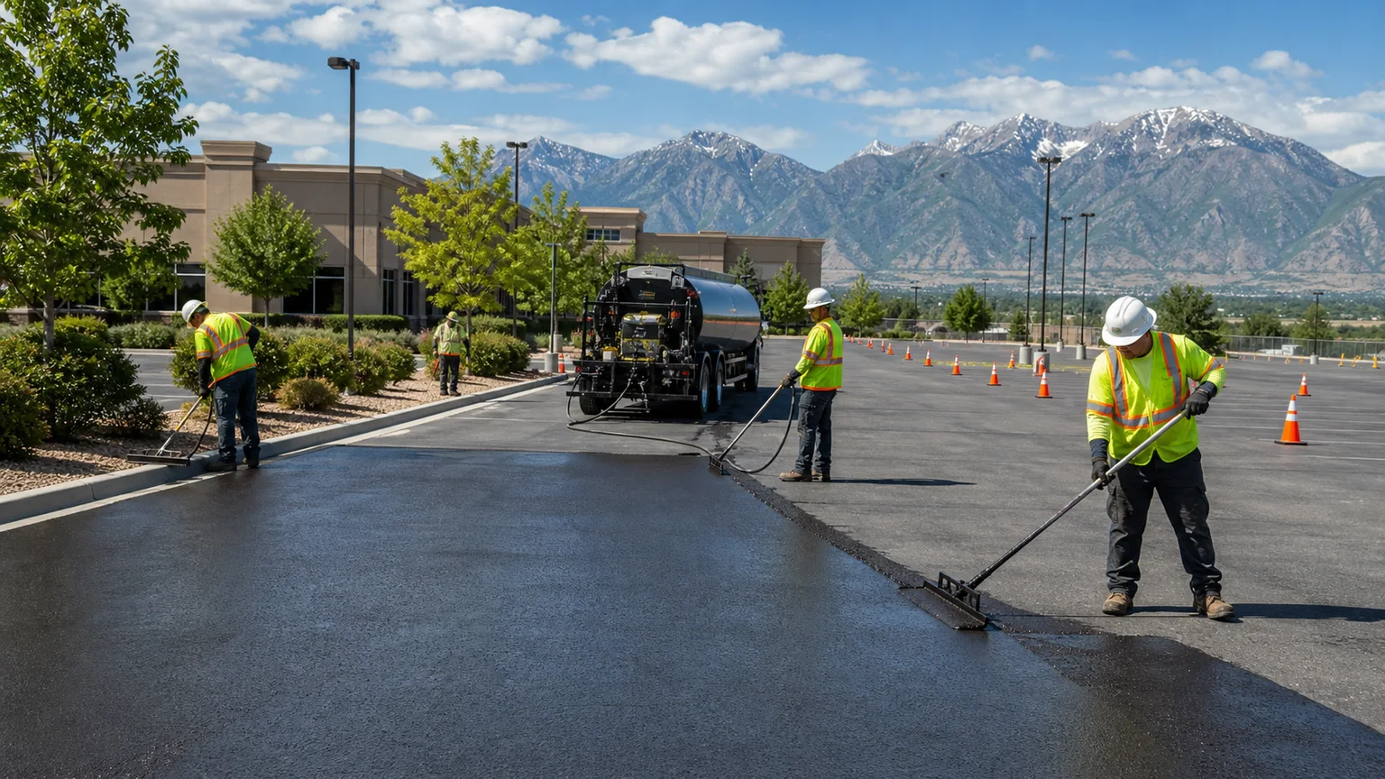 Sealcoating crew working in a controlled Payson, Utah pavement area