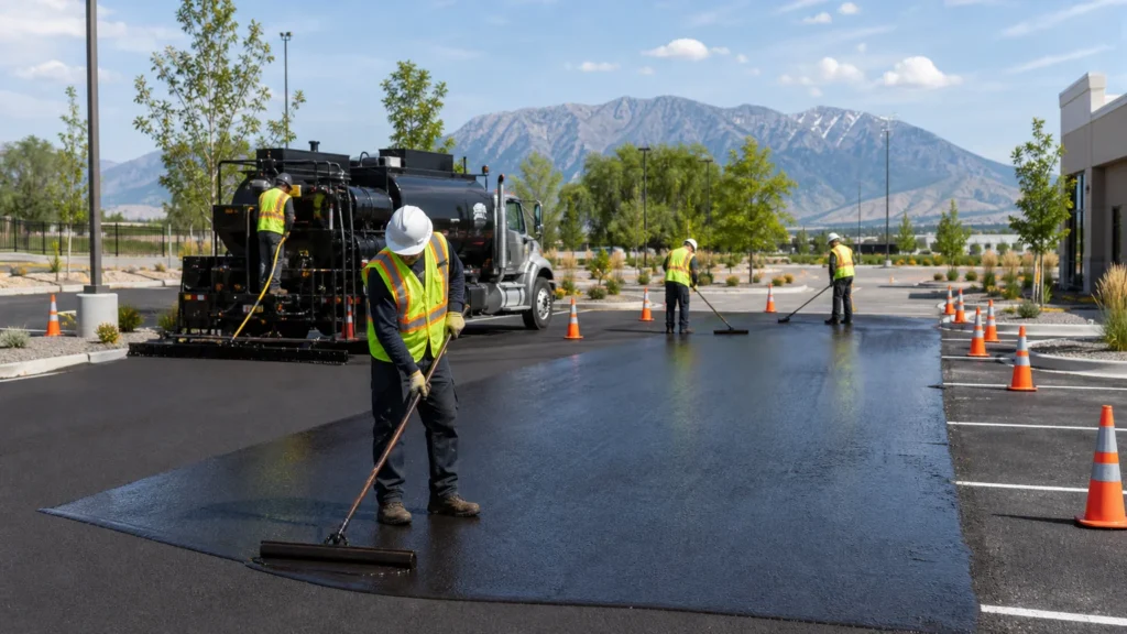 Sealcoating crew working in a controlled Pleasant Grove, Utah pavement area