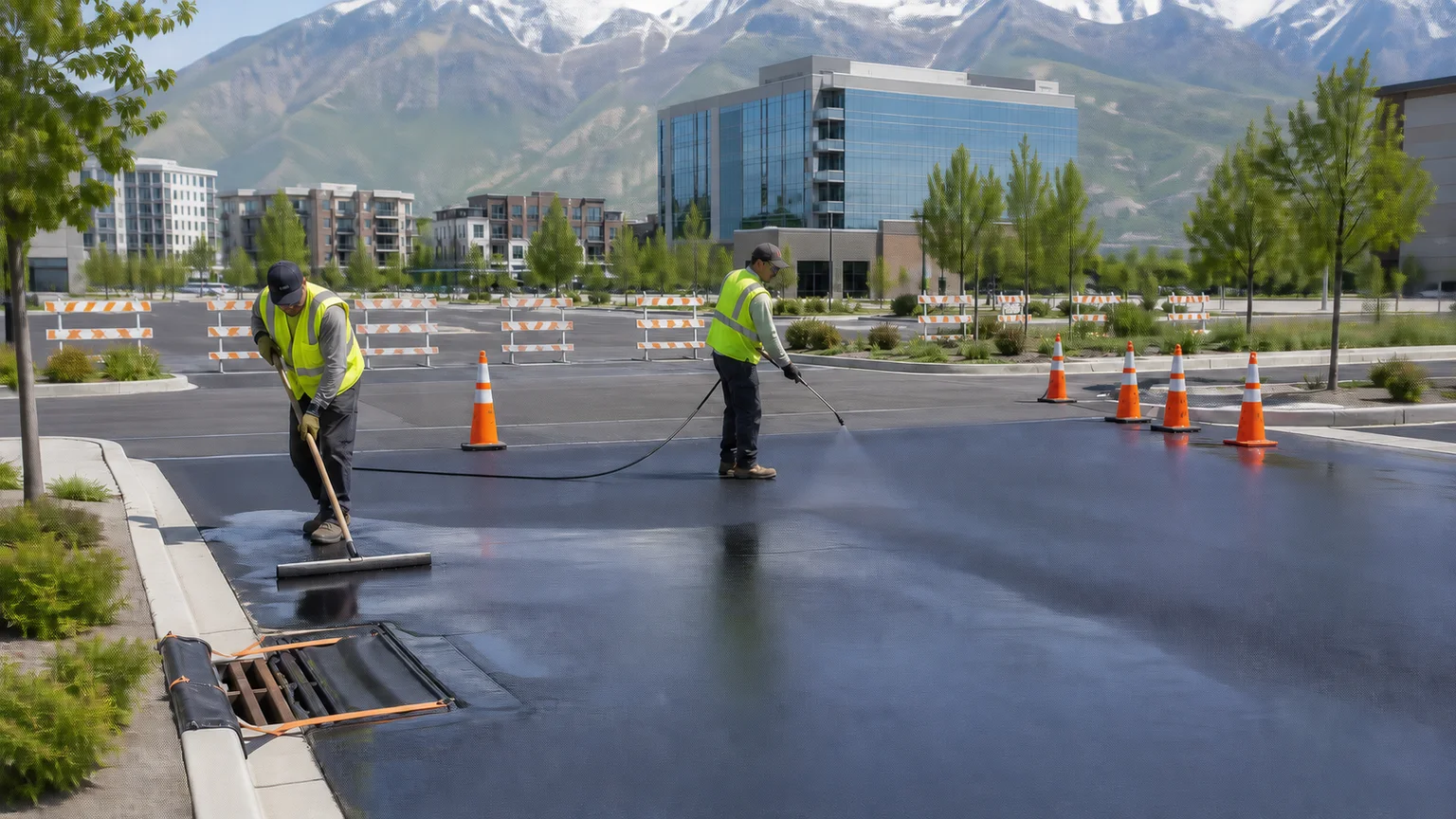 Crew applying uniform sealcoat in a controlled Provo Utah office parking lot