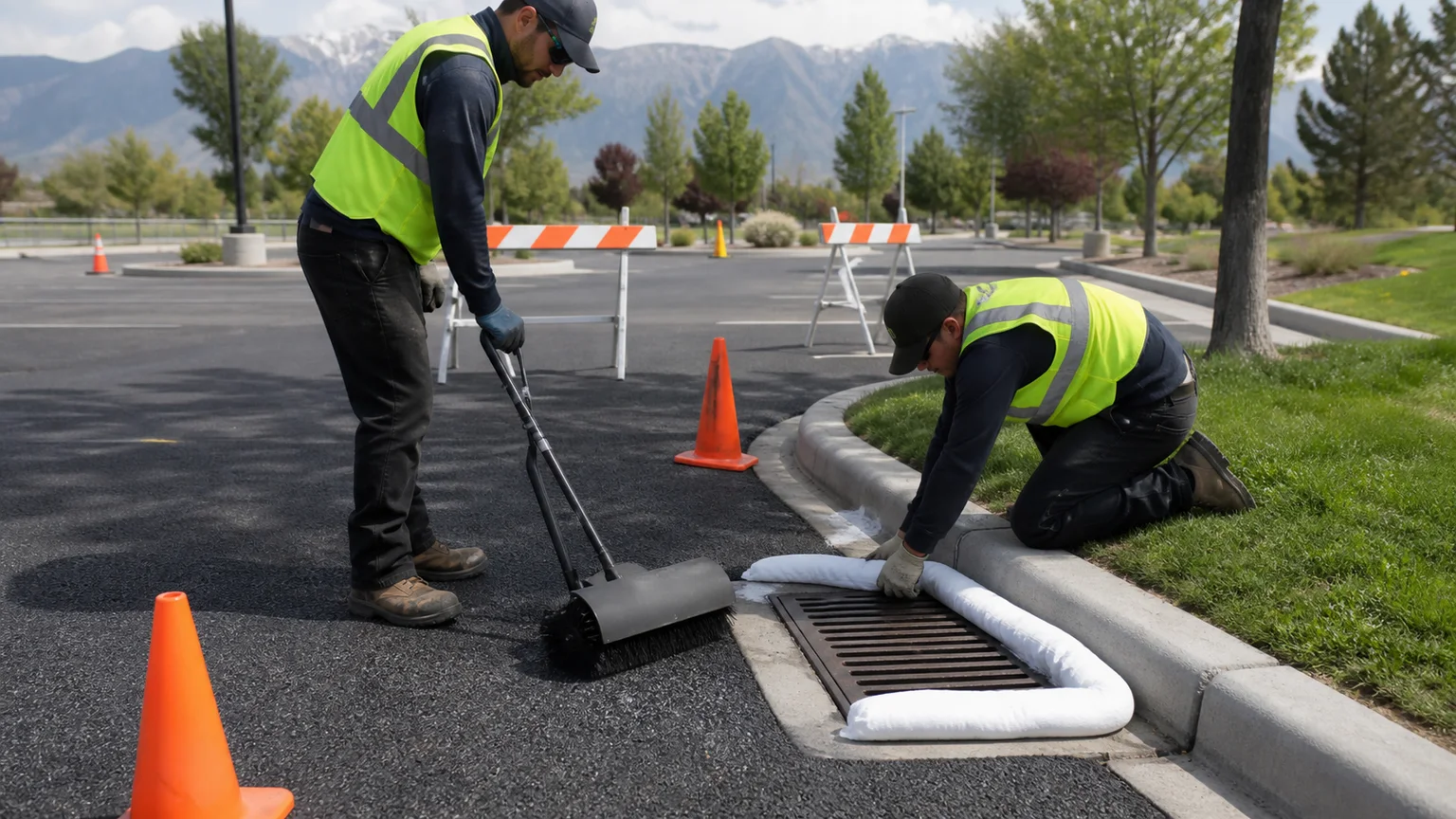 Crew cleaning pavement and protecting a storm inlet before sealcoating in Provo Utah