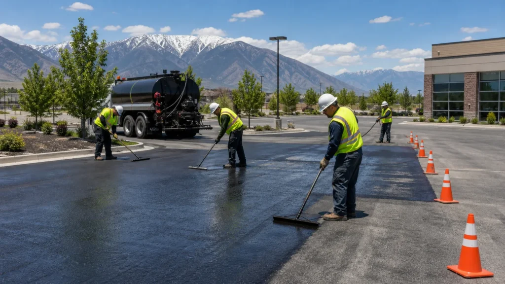 Sealcoating crew working in a controlled Riverton, Utah pavement area