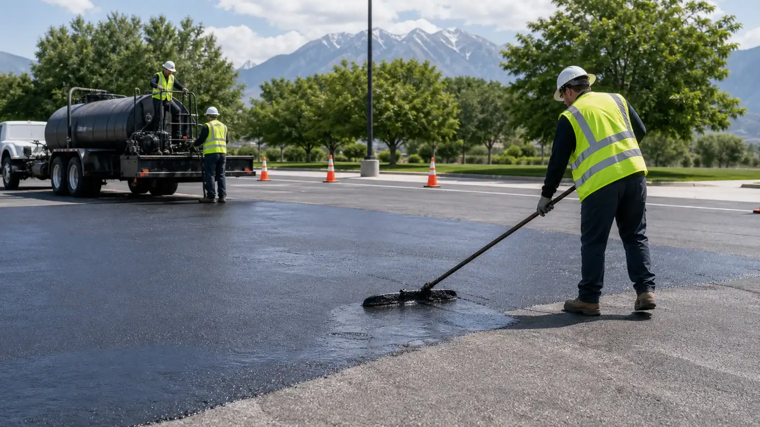 Sealcoating crew working in a controlled Salem, Utah pavement area