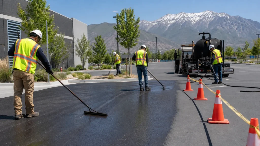 Sealcoating crew working in a controlled Salt Lake City, Utah pavement area