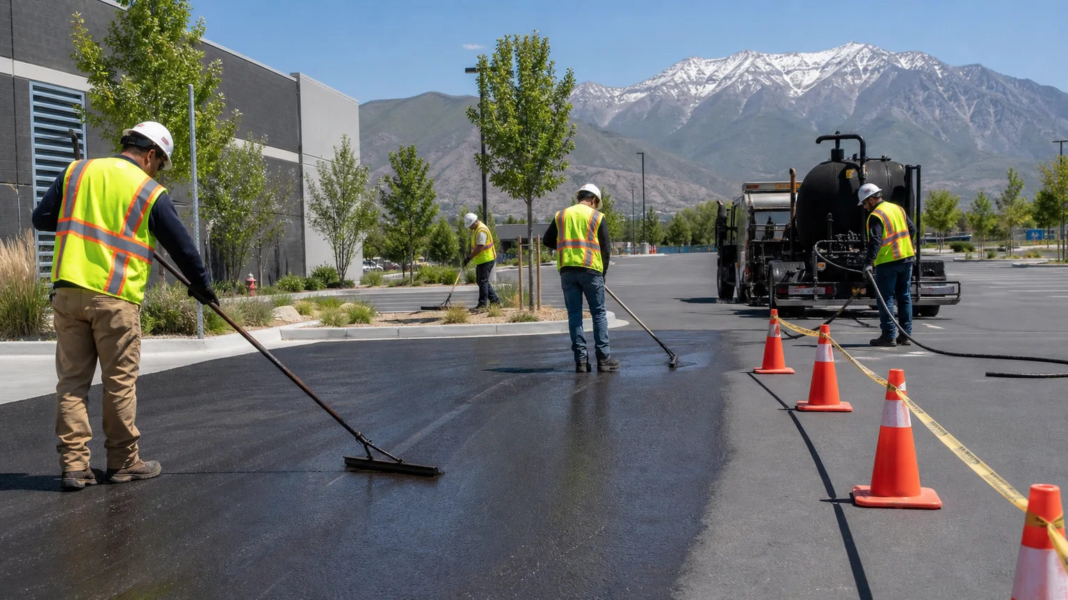 Sealcoating crew working in a controlled Salt Lake City, Utah pavement area