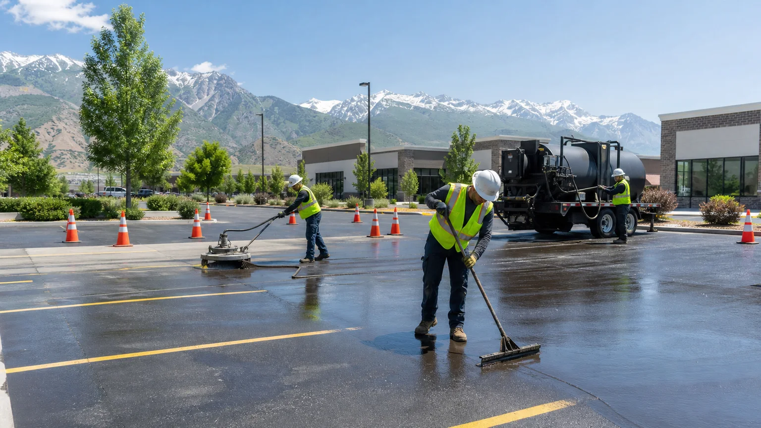 Sealcoating crew working in a controlled Sandy, Utah pavement area