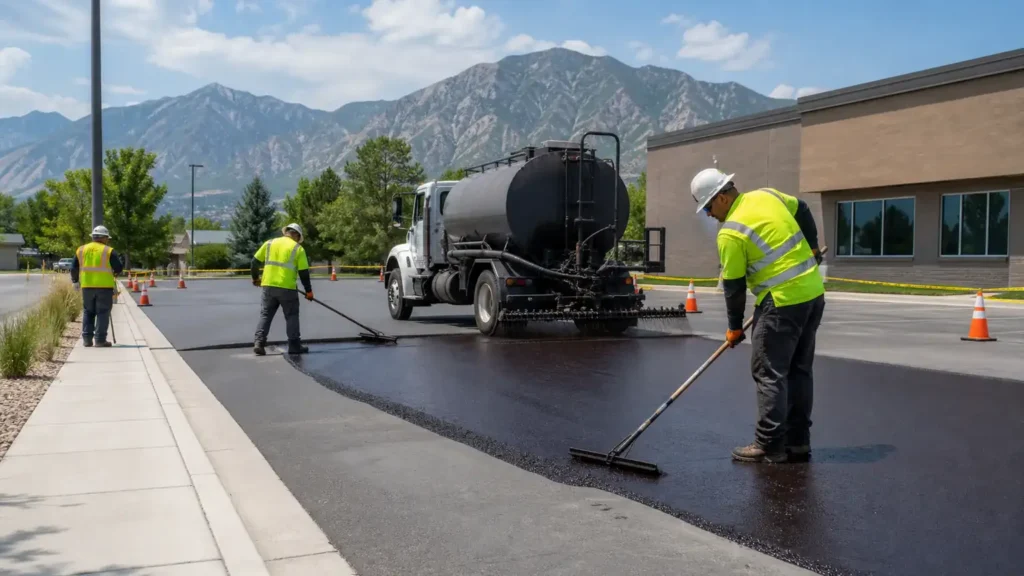 Sealcoating crew working in a controlled Santaquin, Utah pavement area