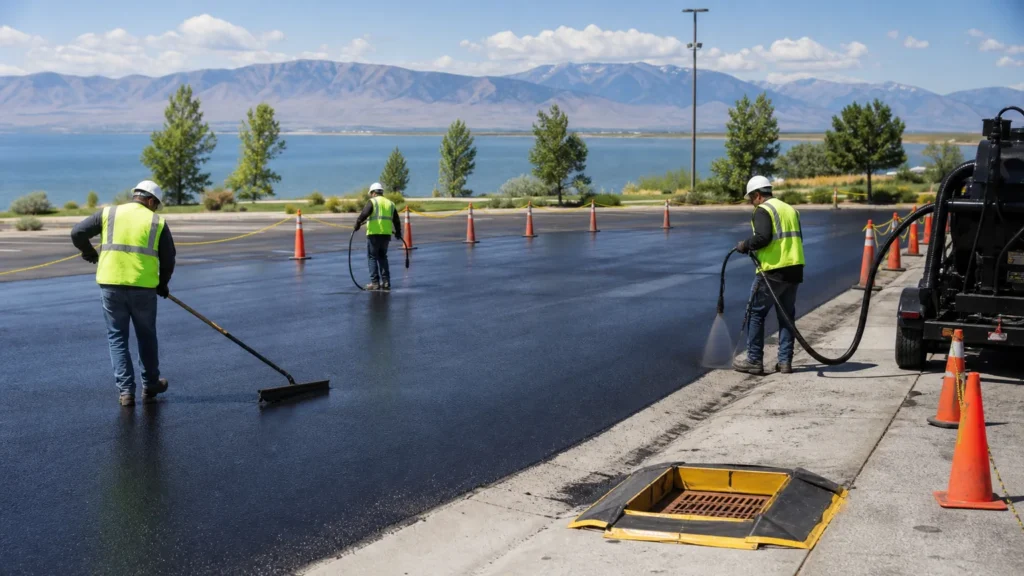 Crew applying uniform sealcoat in a controlled Saratoga Springs Utah parking lot