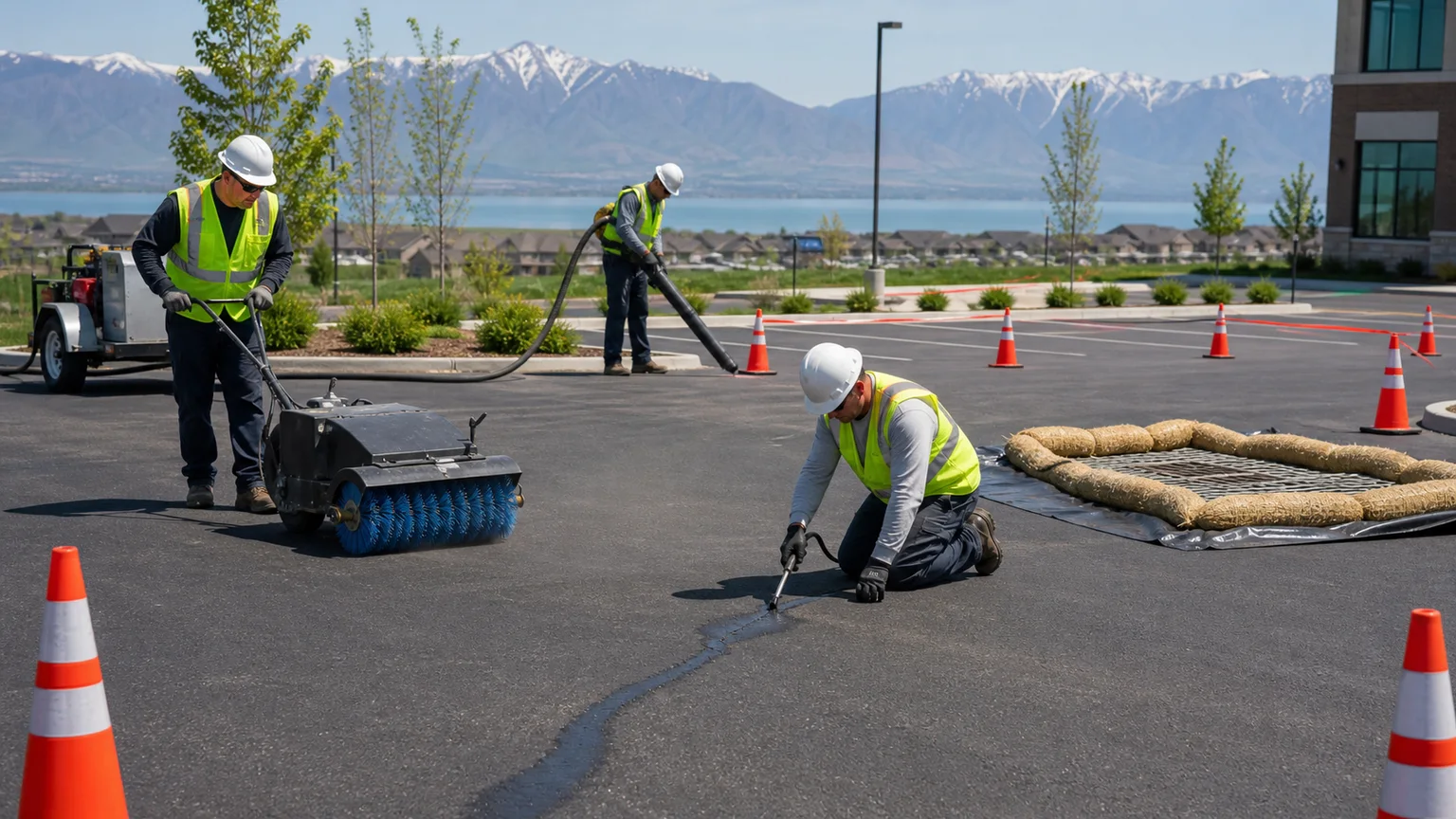 Crew cleaning pavement and protecting a storm inlet before sealcoating in Saratoga Springs Utah