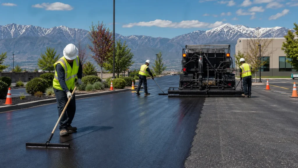 Sealcoating crew working in a controlled South Jordan, Utah pavement area