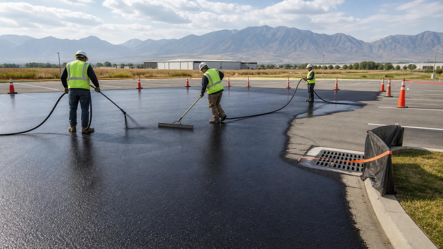 Crew applying uniform sealcoat in a controlled Spanish Fork Utah office parking lot