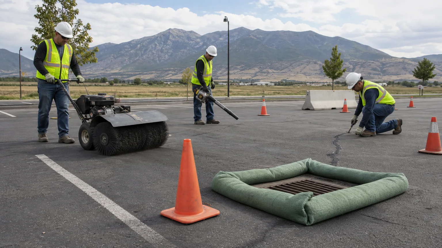 Crew cleaning pavement and protecting a storm inlet before sealcoating in Spanish Fork Utah