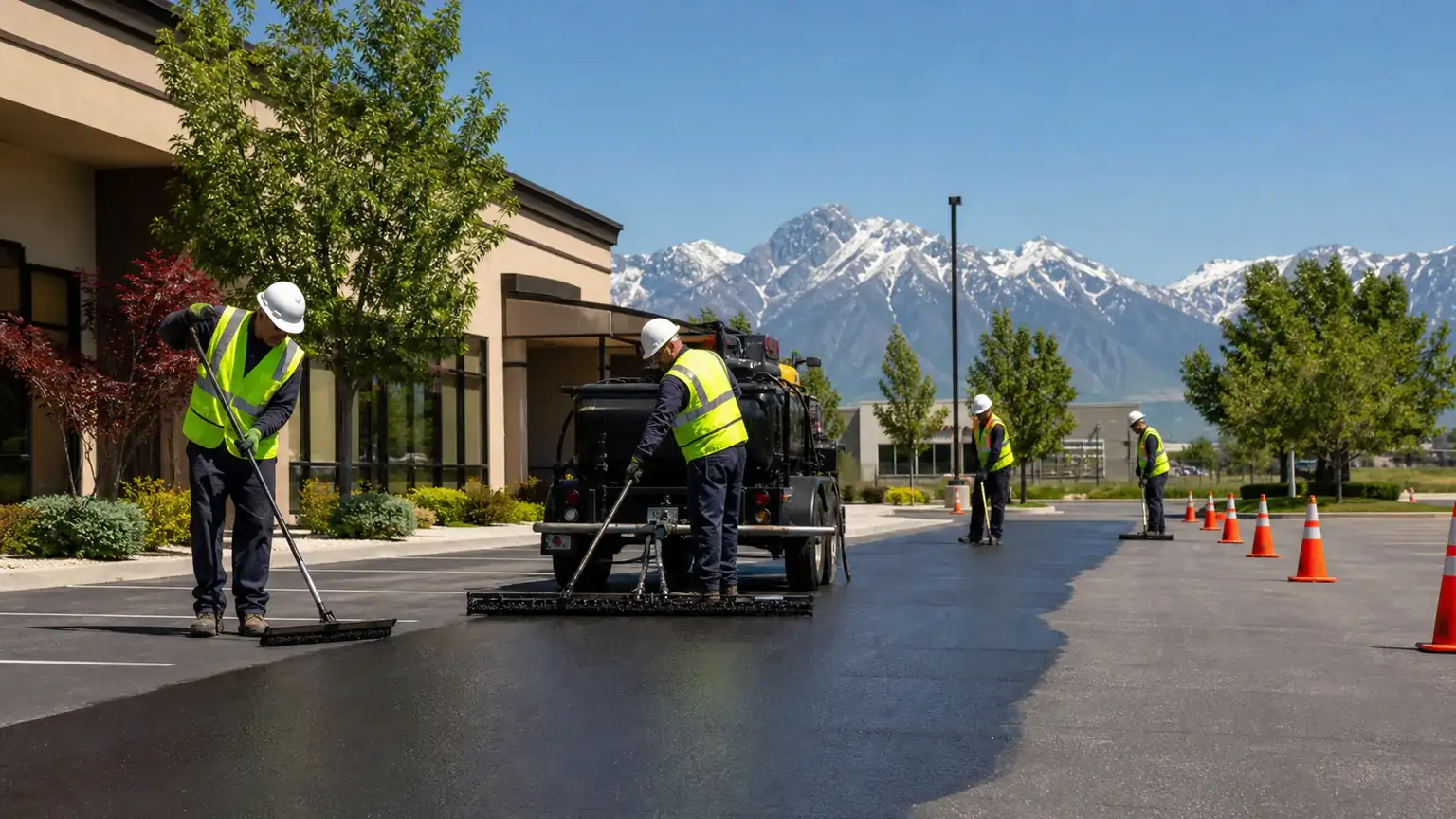Sealcoating crew working in a controlled Spring Lake, Utah pavement area
