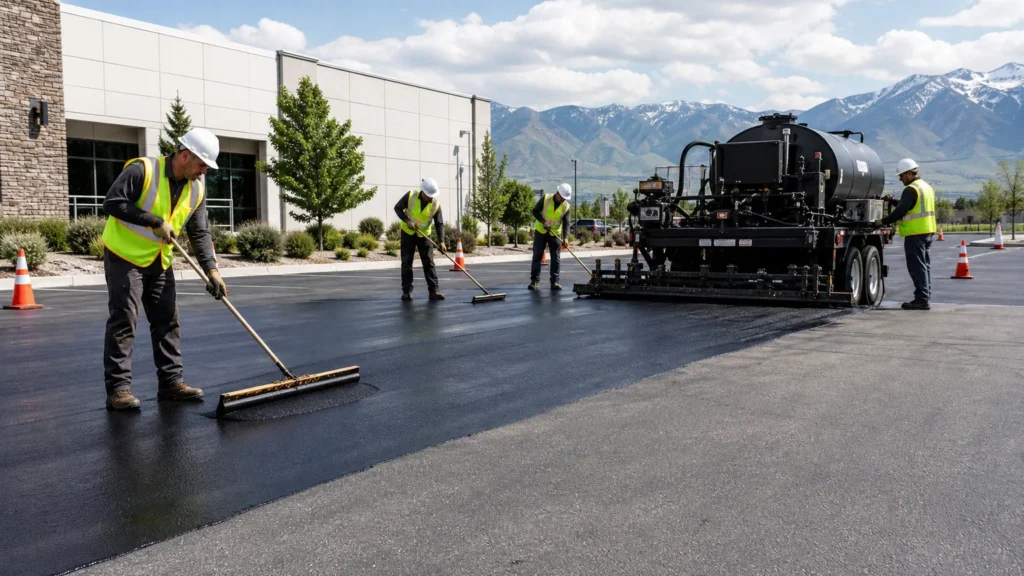 Sealcoating crew working in a controlled Springville, Utah pavement area
