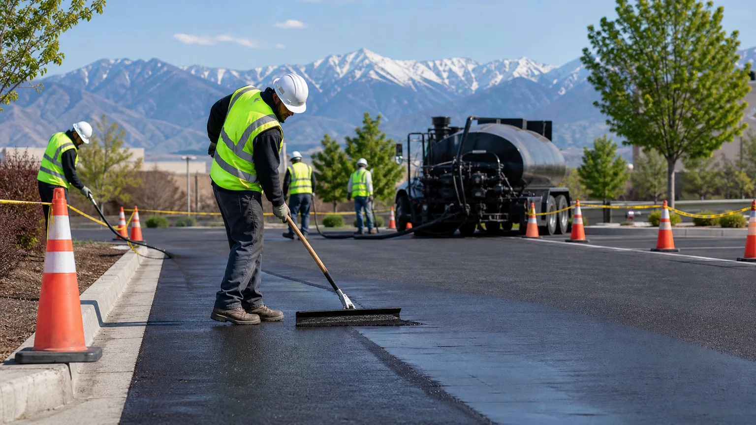 Sealcoating crew working in a controlled Taylorsville, Utah pavement area