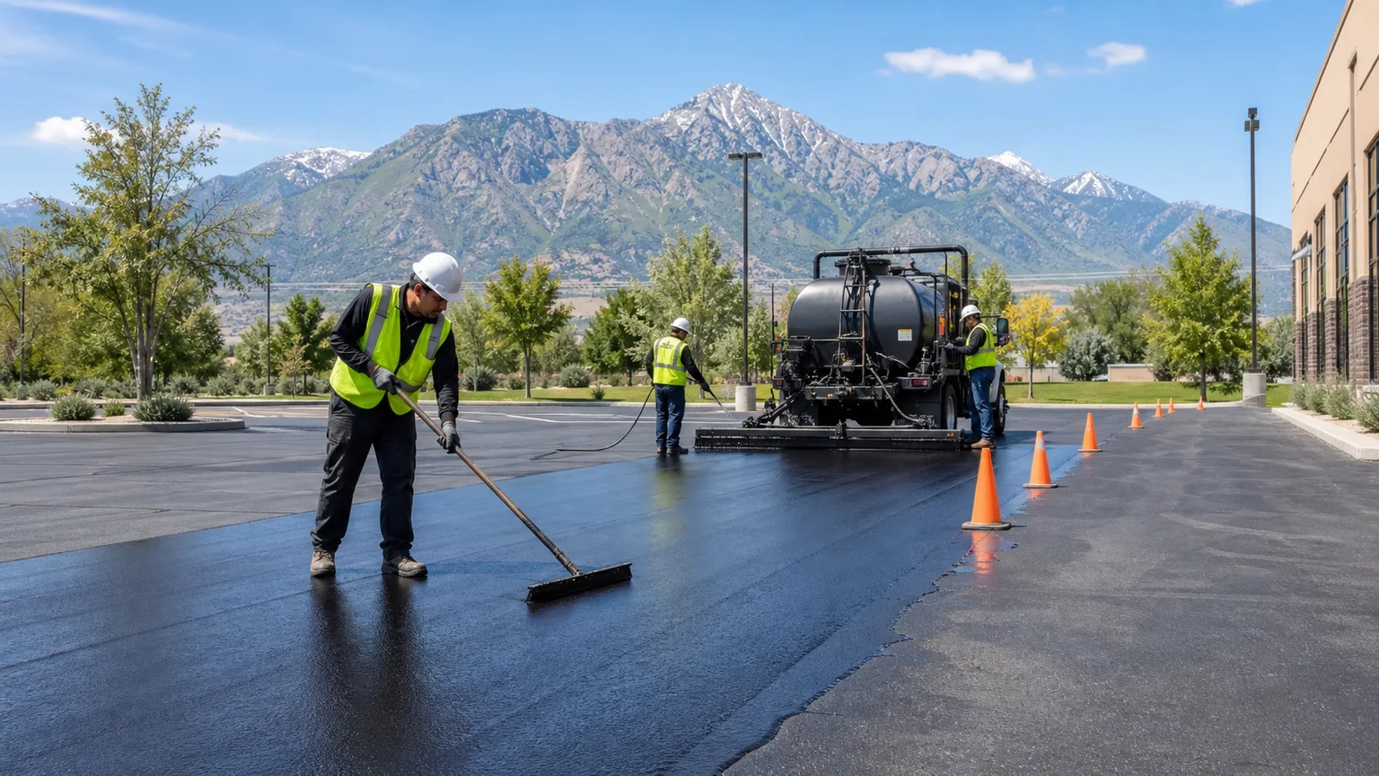 Sealcoating crew working in a controlled West Jordan, Utah pavement area