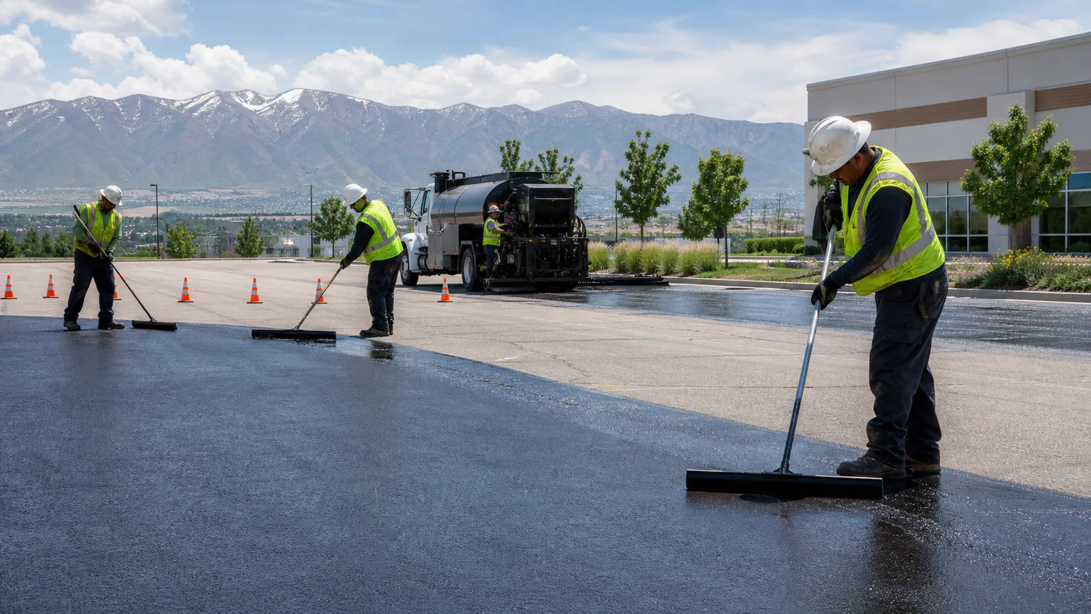 Sealcoating crew working in a controlled West Valley City, Utah pavement area
