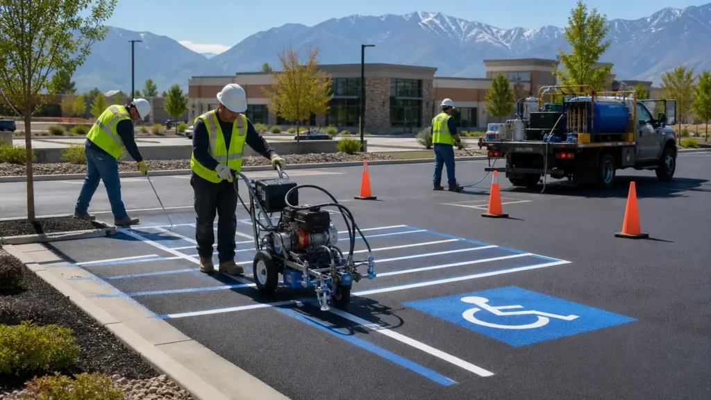 ADA Parking Lot Striping crew working in a controlled Alpine, Utah pavement area