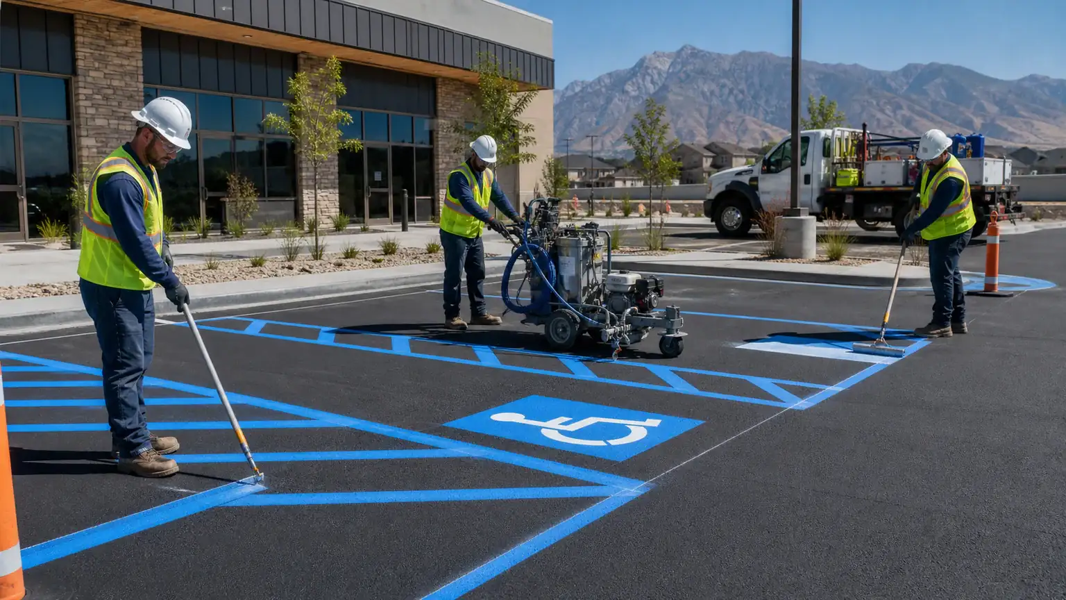 ADA Parking Lot Striping crew working in a controlled American Fork, Utah pavement area