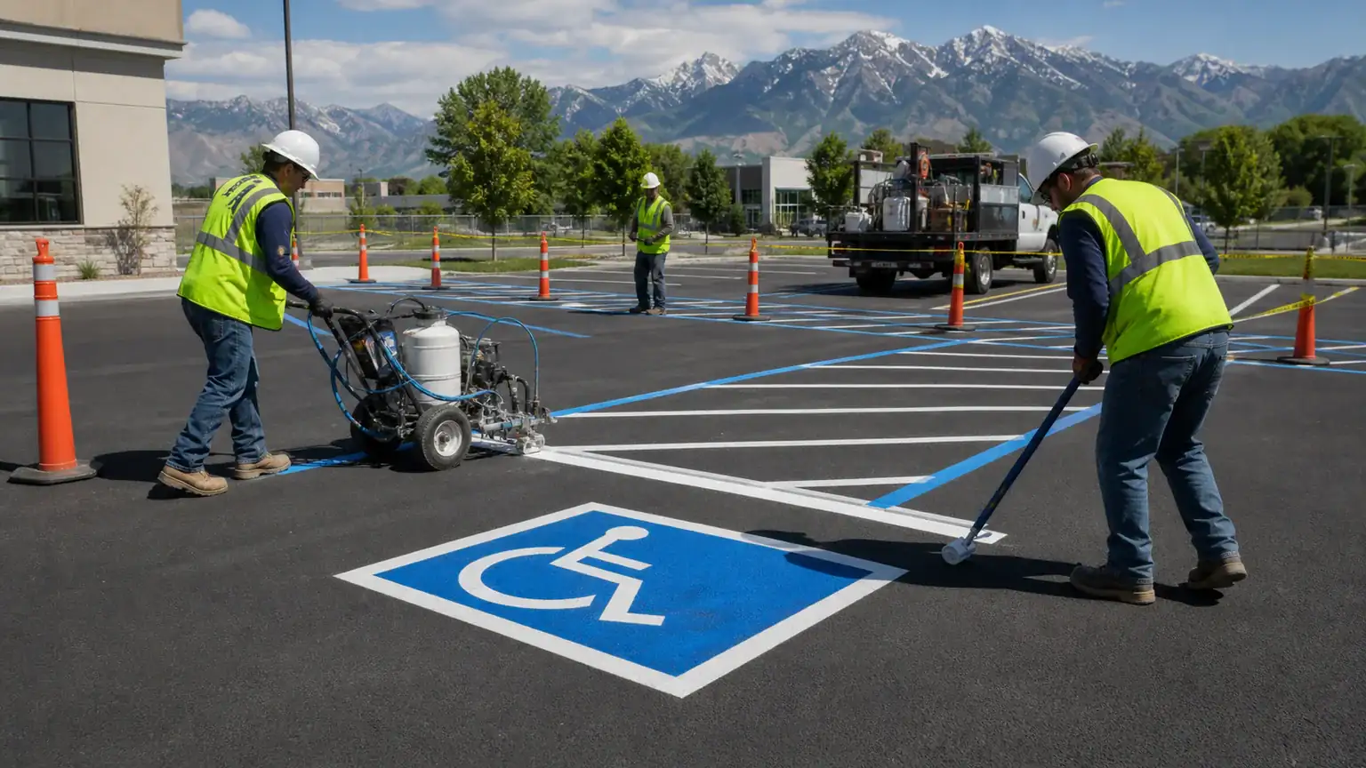 ADA Parking Lot Striping crew working in a controlled Bluffdale, Utah pavement area