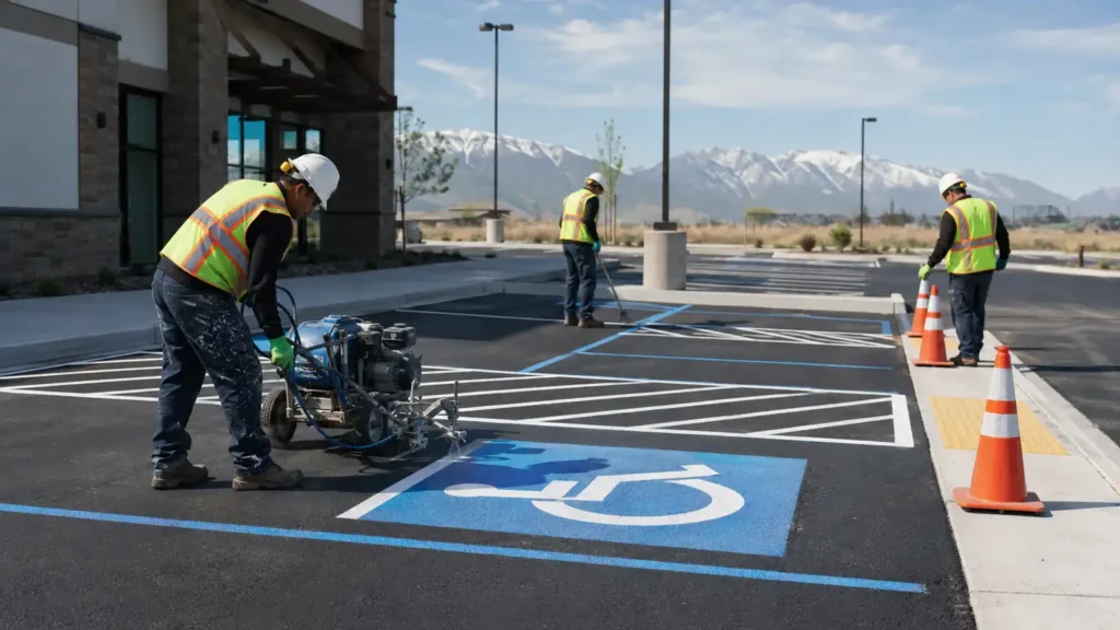 ADA Parking Lot Striping crew working in a controlled Cedar Fort, Utah pavement area