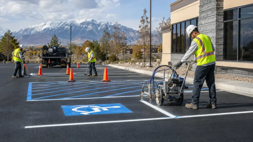 ADA Parking Lot Striping crew working in a controlled Cedar Hills, Utah pavement area