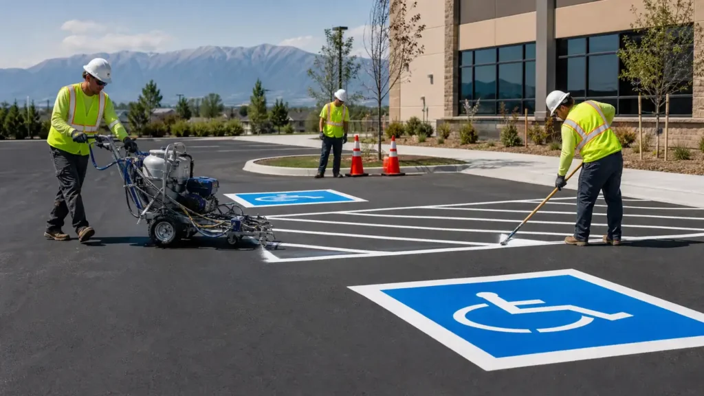ADA Parking Lot Striping crew working in a controlled Draper, Utah pavement area