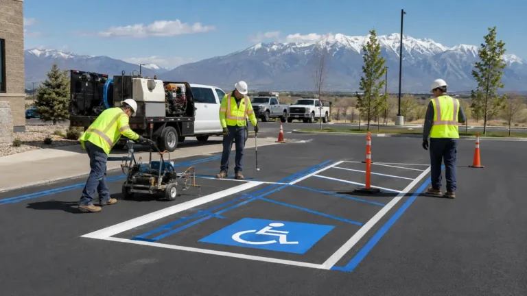 ADA Parking Lot Striping crew working in a controlled Eagle Mountain, Utah pavement area