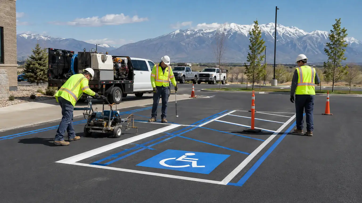 ADA Parking Lot Striping crew working in a controlled Eagle Mountain, Utah pavement area