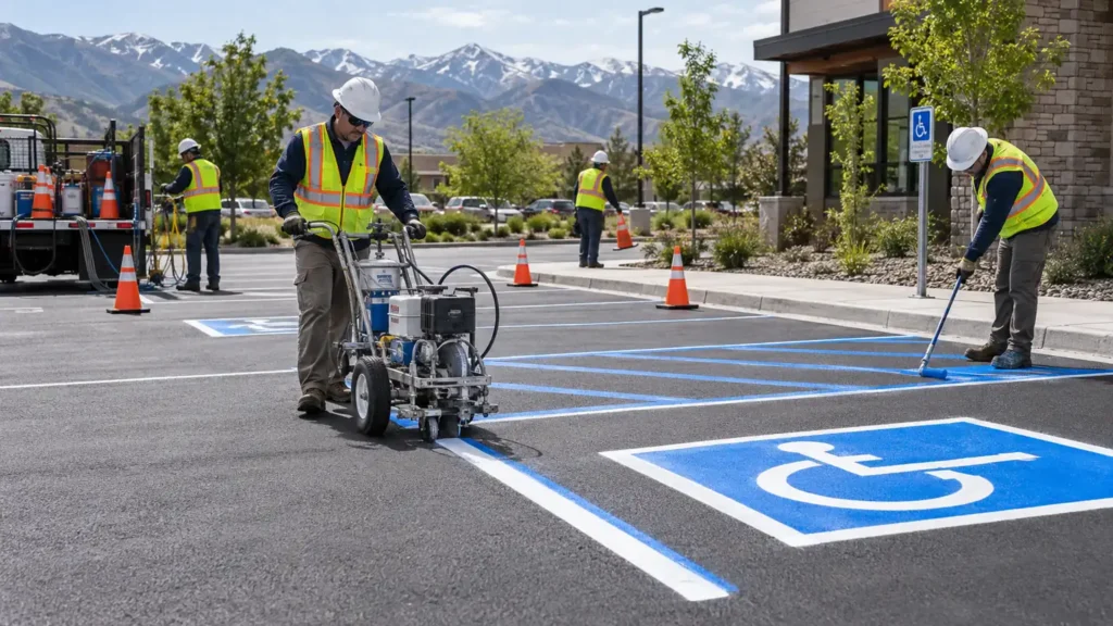 ADA Parking Lot Striping crew working in a controlled Elk Ridge, Utah pavement area
