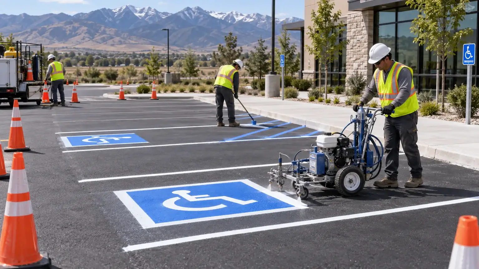 ADA Parking Lot Striping crew working in a controlled Fairfield, Utah pavement area