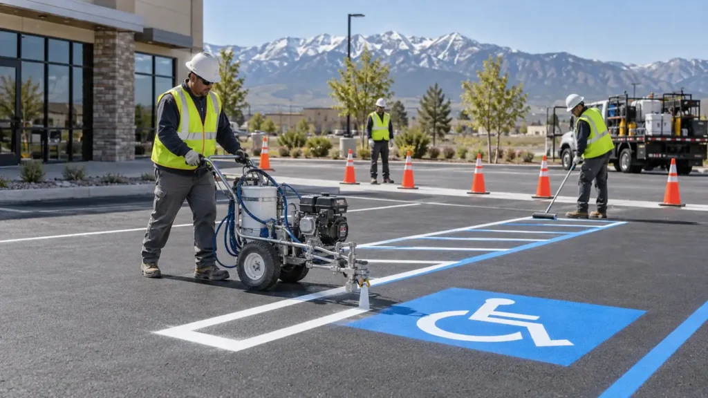 ADA Parking Lot Striping crew working in a controlled Genola, Utah pavement area