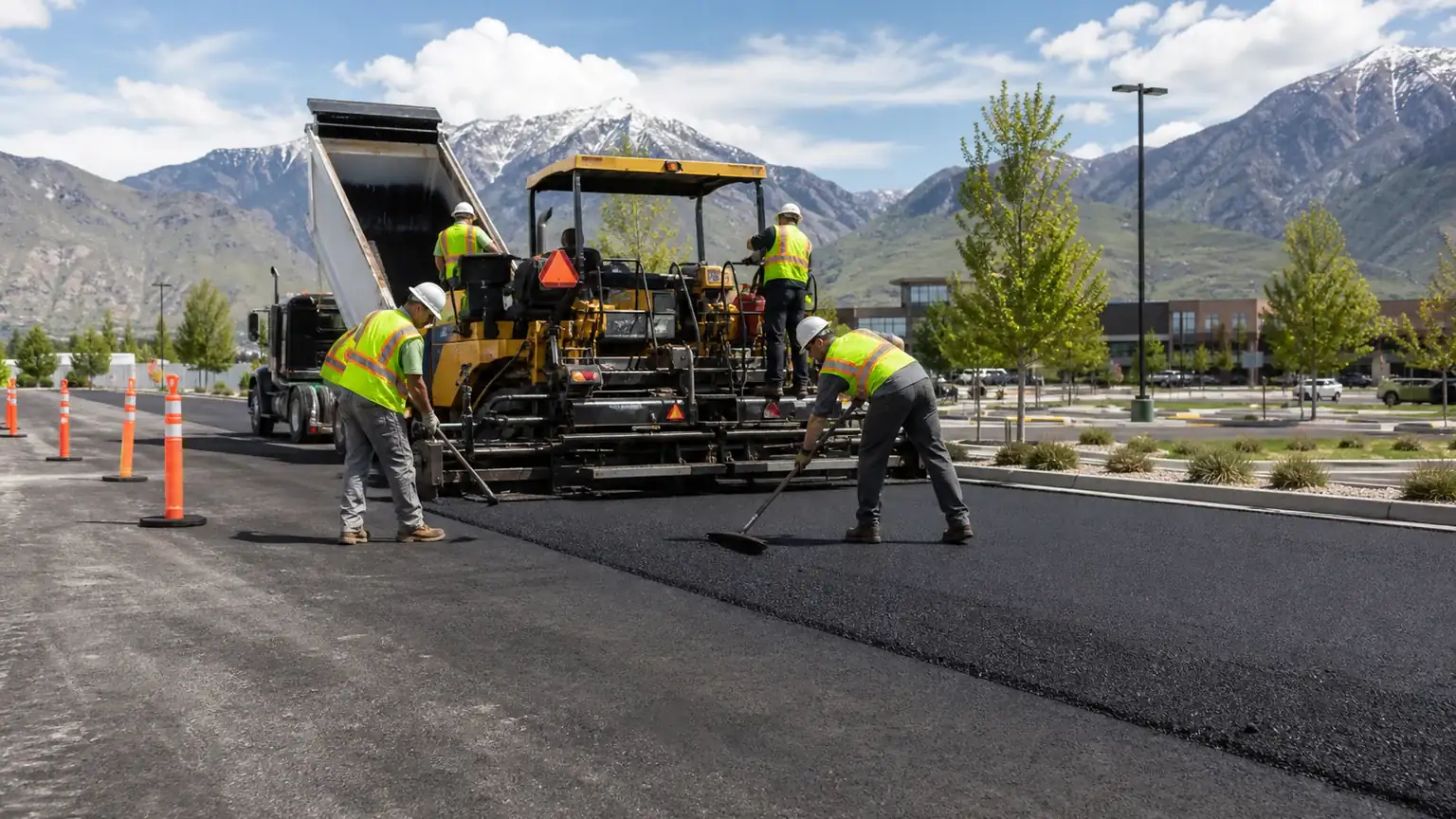 Asphalt Resurfacing & Overlay crew working in a controlled Alpine, Utah pavement area