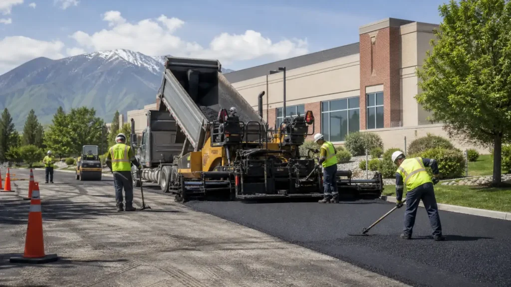 Asphalt Resurfacing & Overlay crew working in a controlled American Fork, Utah pavement area
